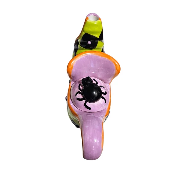 Ceramic Halloween Witch's Boot Teapot Spider Lid Harlequin Check Whimsical Decor - Picture 5 of 16